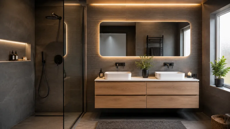 Salle de bain rénovée par BATINNOV68 : vasque et miroirs neufs